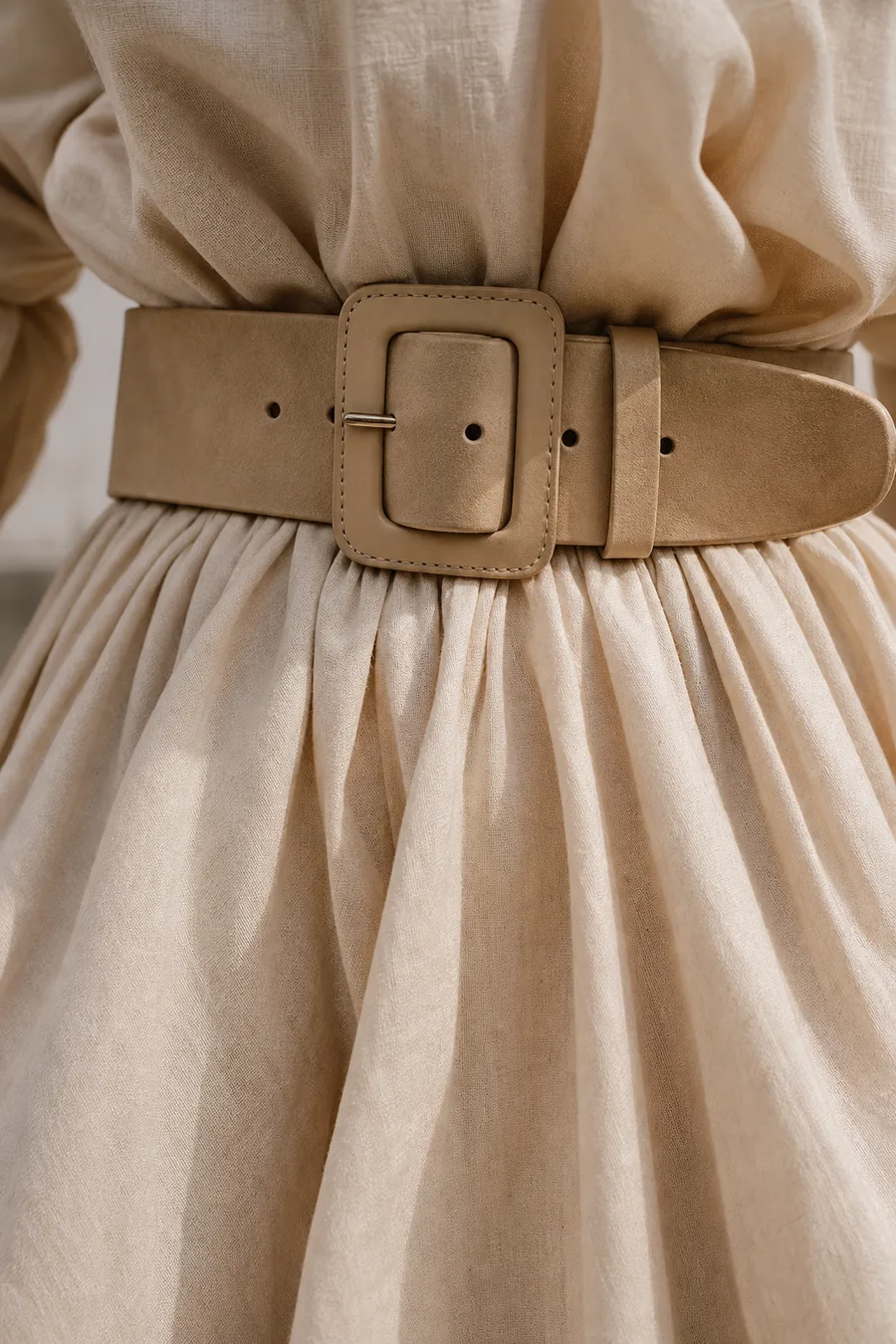 A wide belt with a large buckle cinching a flowing dress at the waist, complemented by a voluminous skirt.