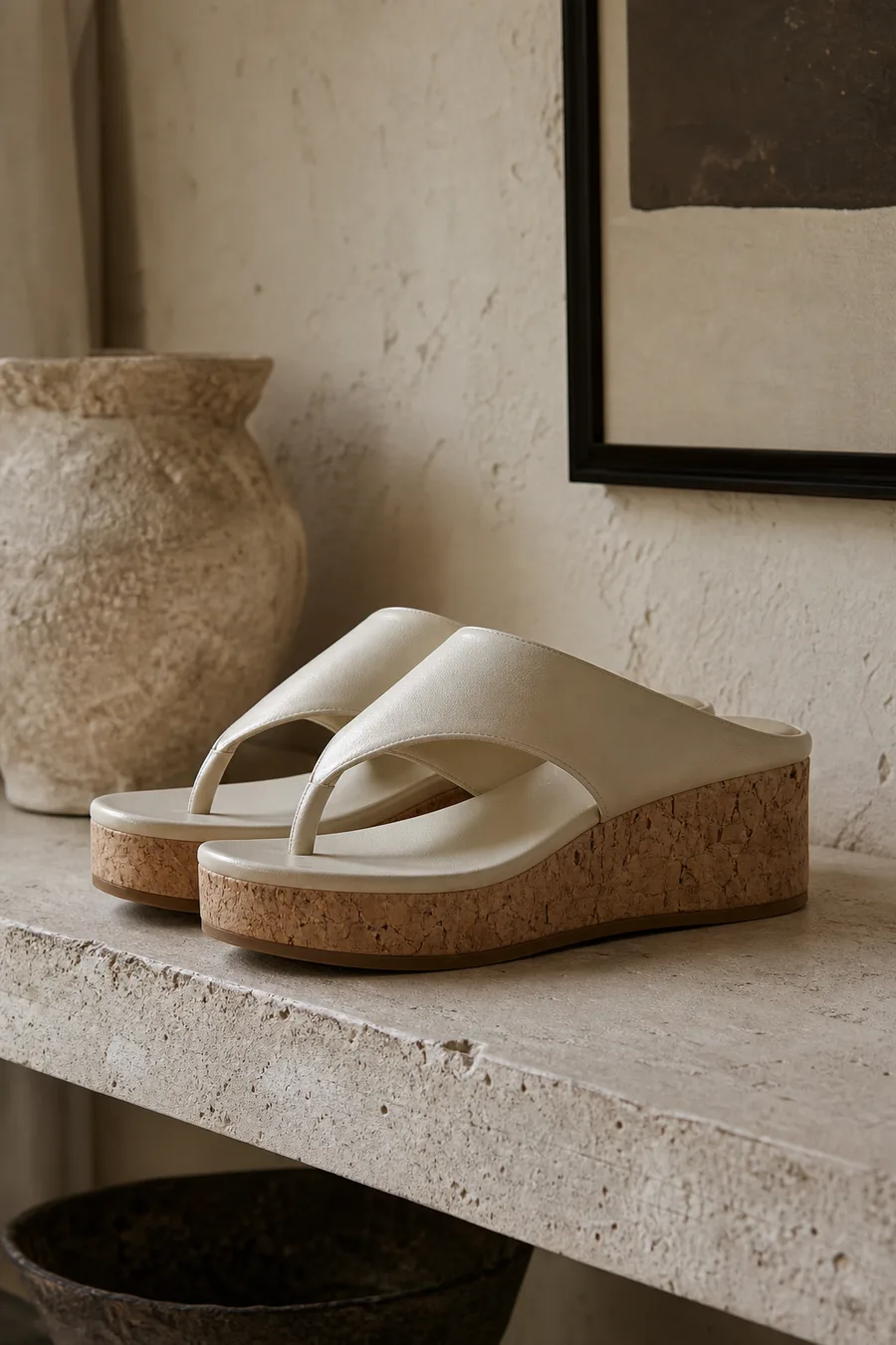 Closed-toe flip-flops on a cork platform with a sleek upper strap.