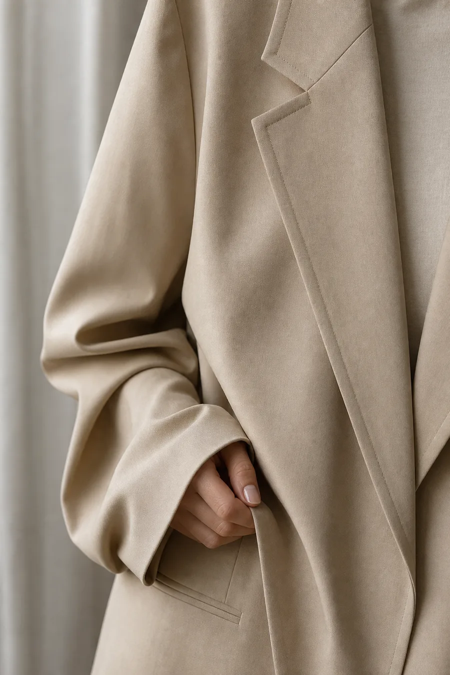 A tailored beige oversized blazer with soft, flowing lines.