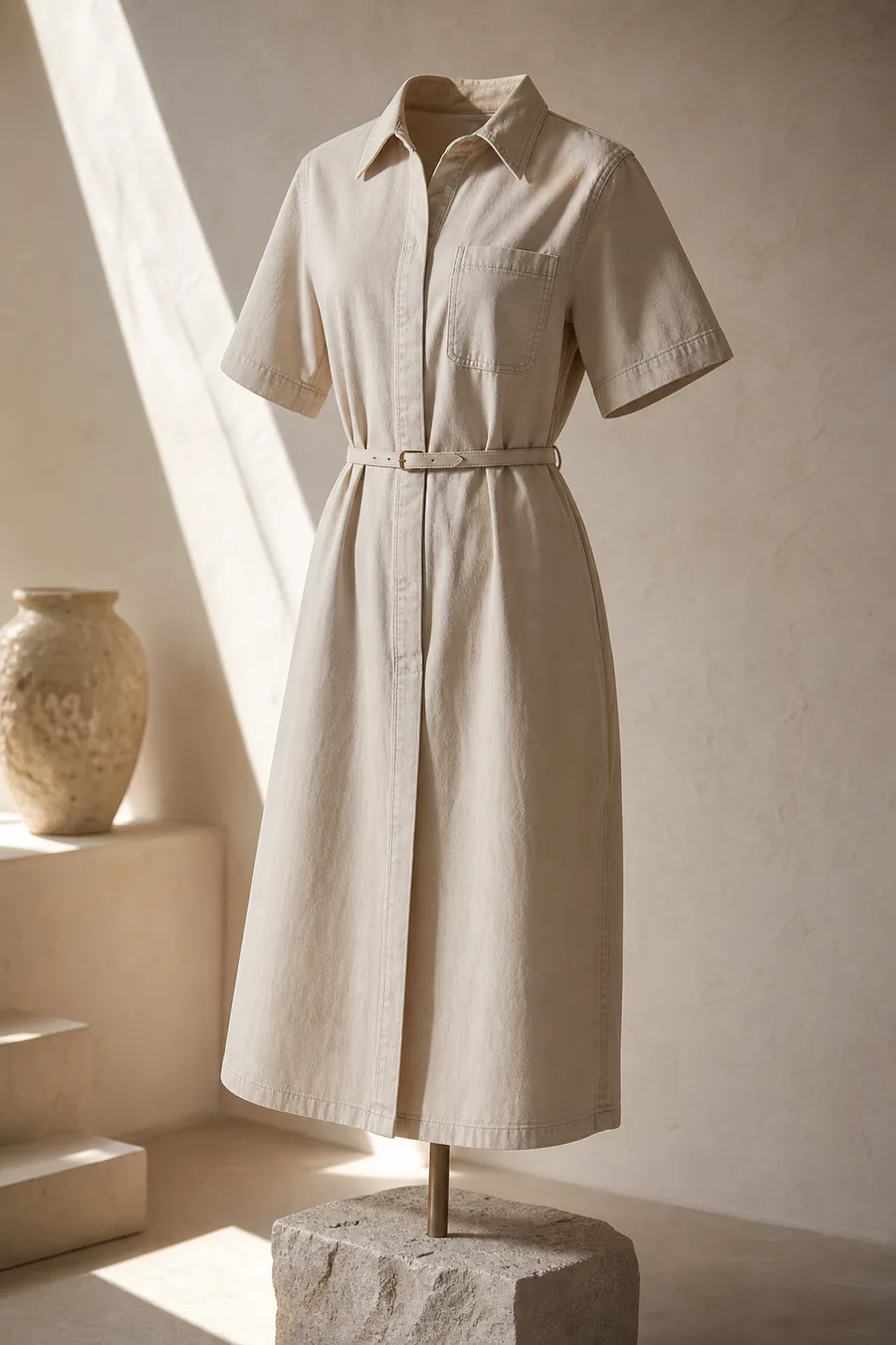 Cotton work dress with a thin belt.