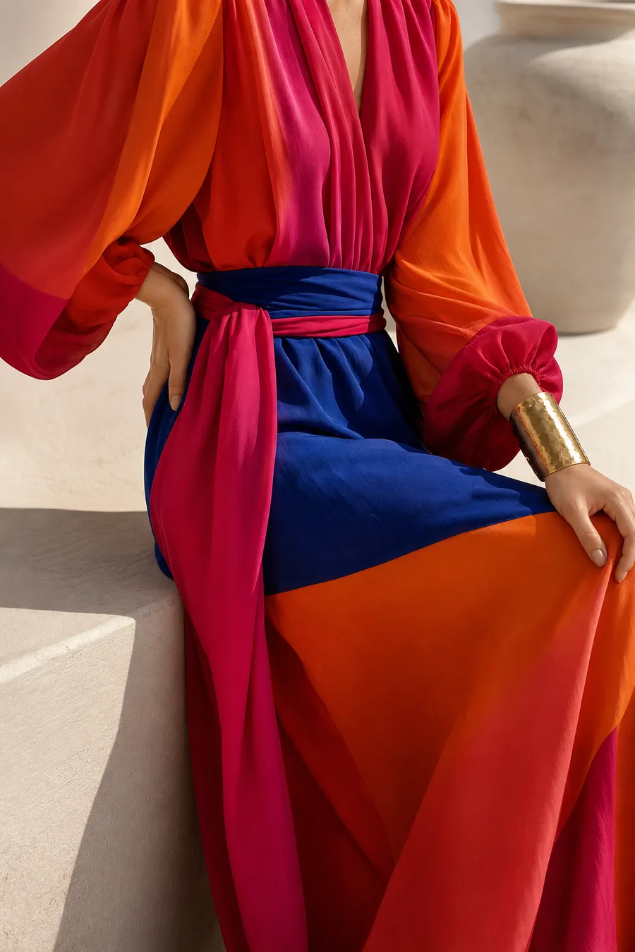 Flowing dress in lightweight silk with billowy sleeves.