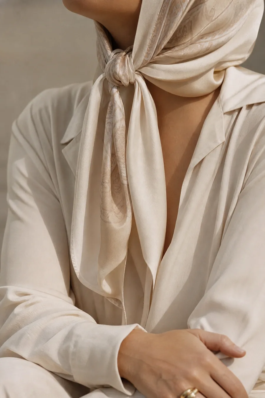 Relaxed silk scarf tied under the chin, with a loose knot.