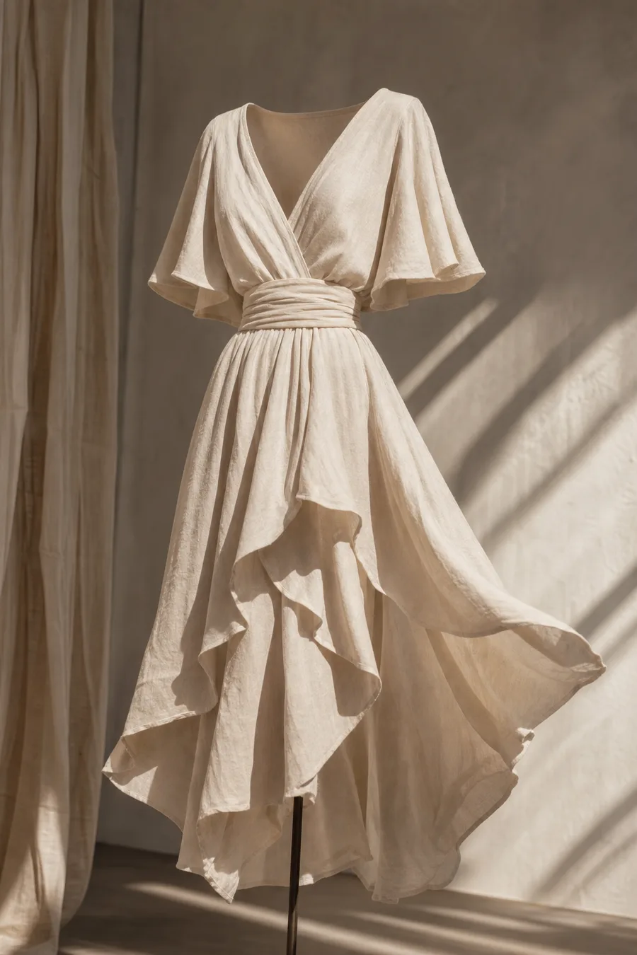 Flowy linen dress with cascading layers and a cinched waist.