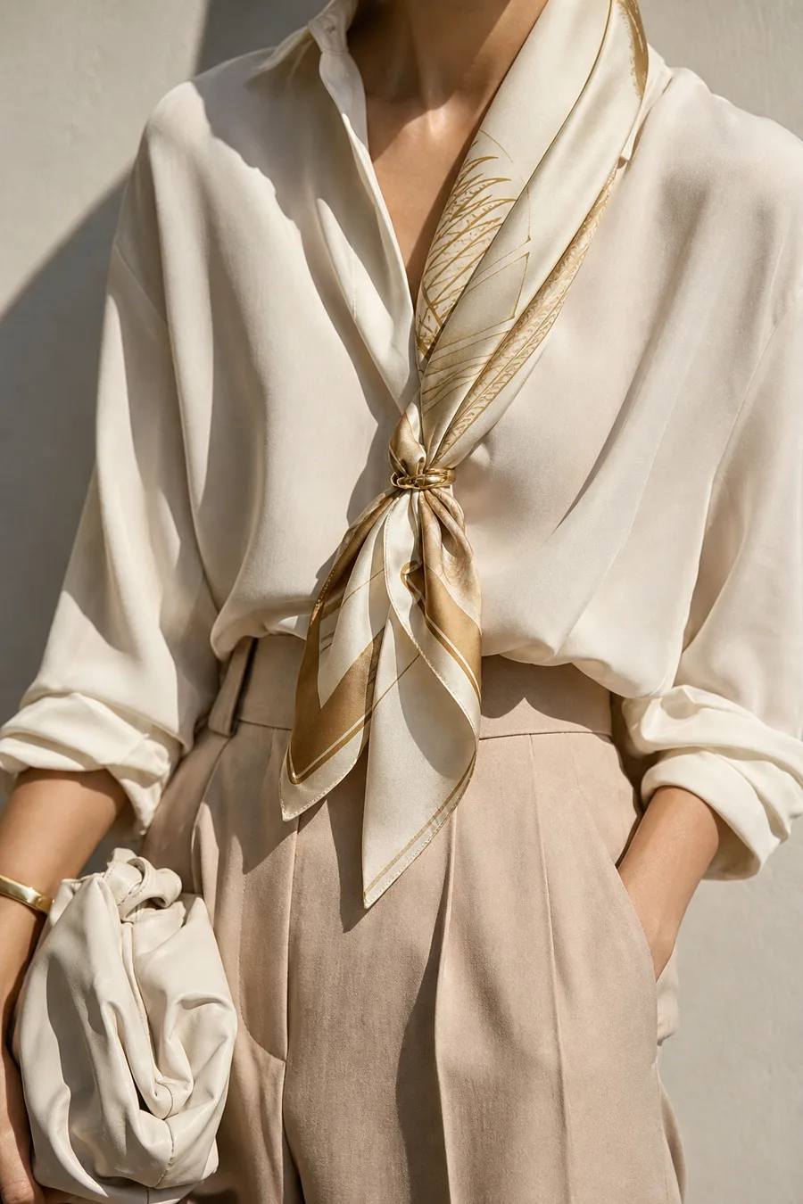 A silk scarf tied elegantly in a unique knot.